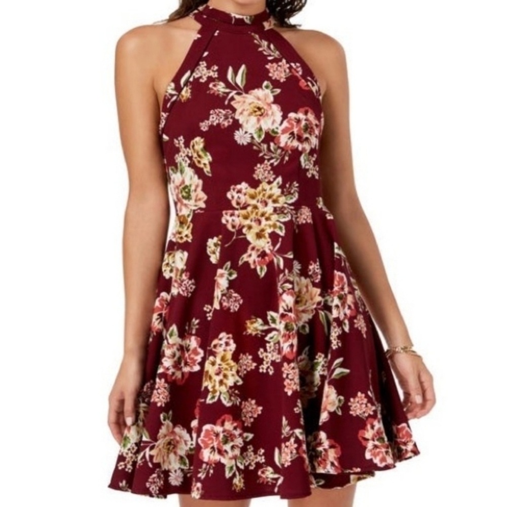 B. Darlin Mock Neck Floral Fit and Flare Dress Red 9 / 10